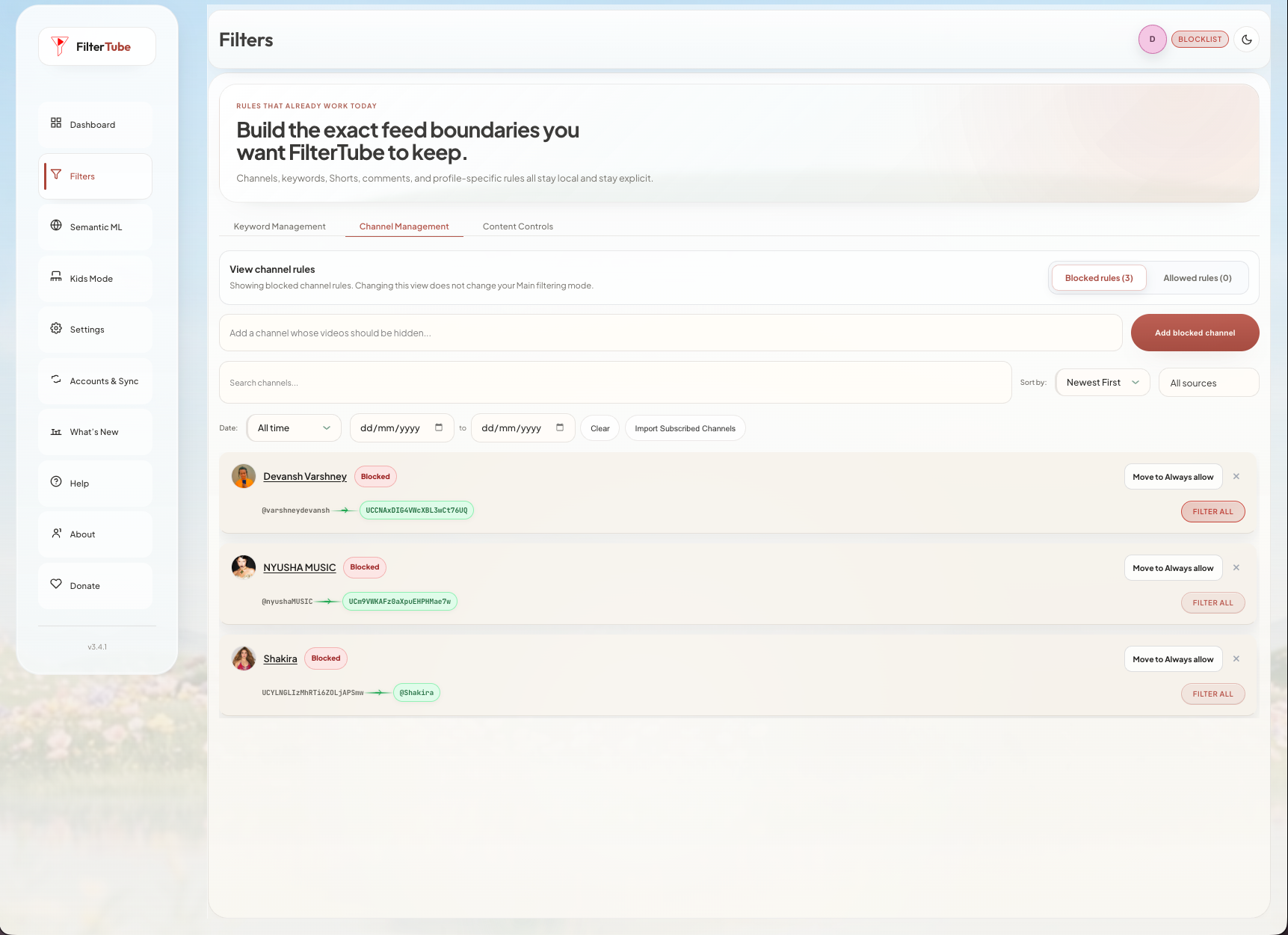 FilterTube extension preview: Channel rules