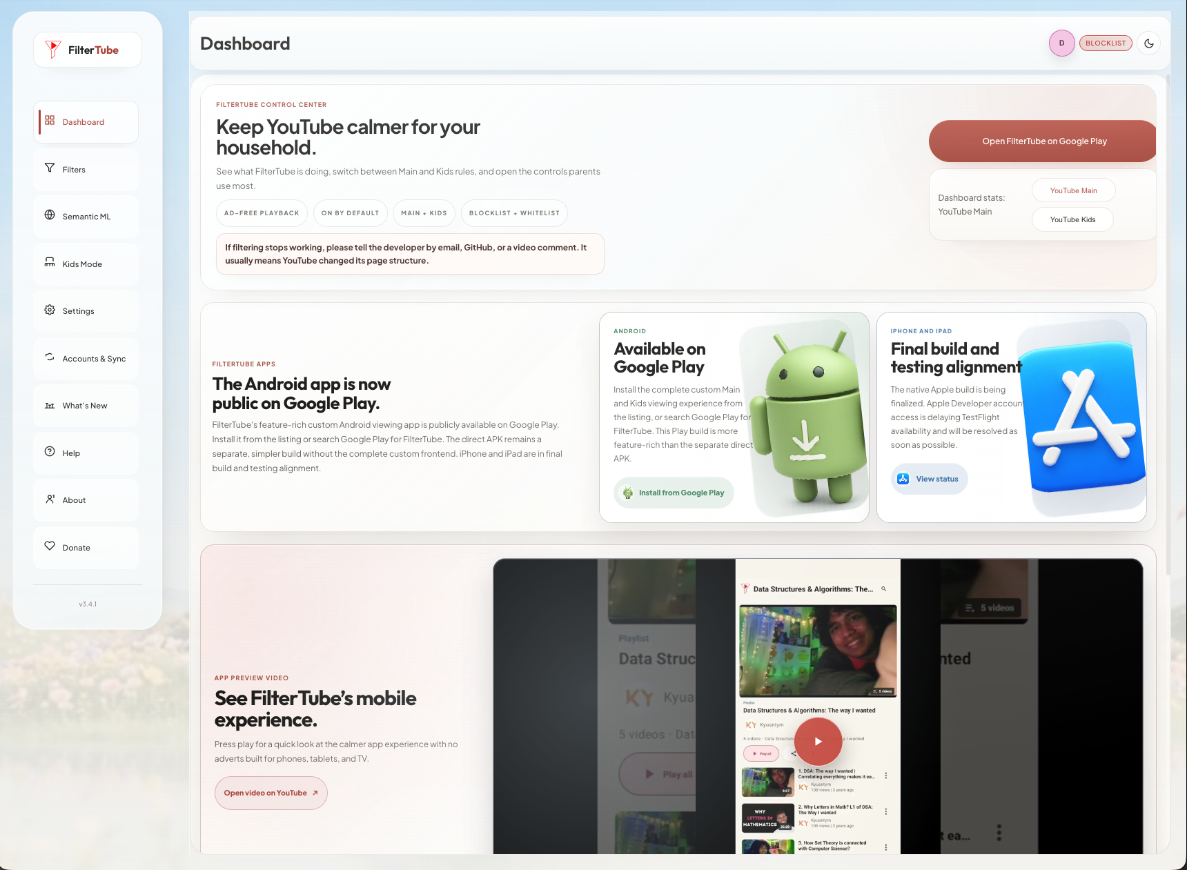 FilterTube extension preview: Dashboard