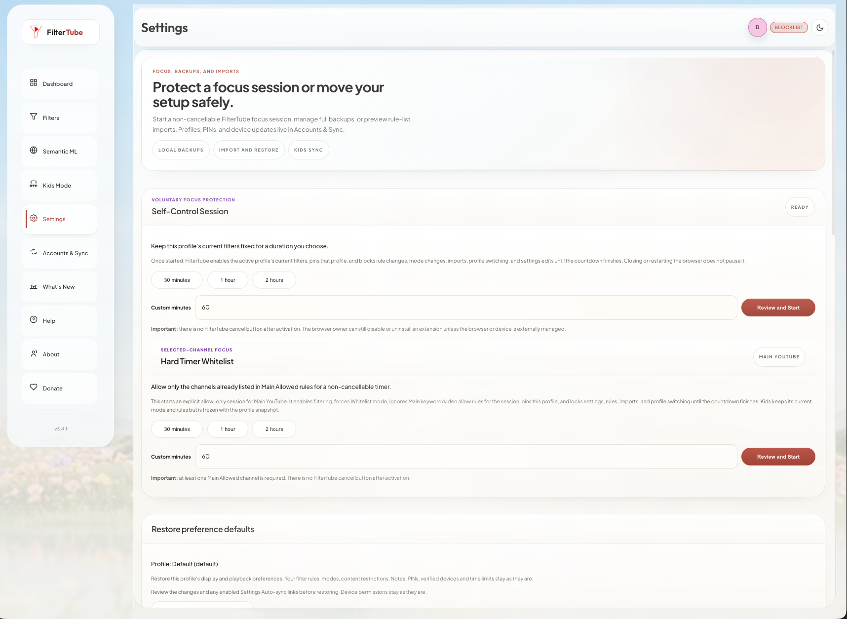 FilterTube extension preview: Focus and settings